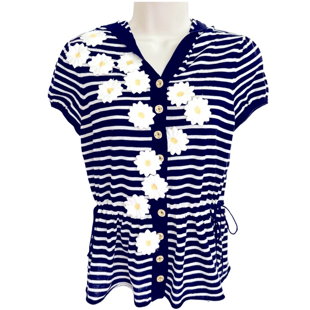 Moth (Anthropologie) blue and white striped hoodie sweater with daisies.
